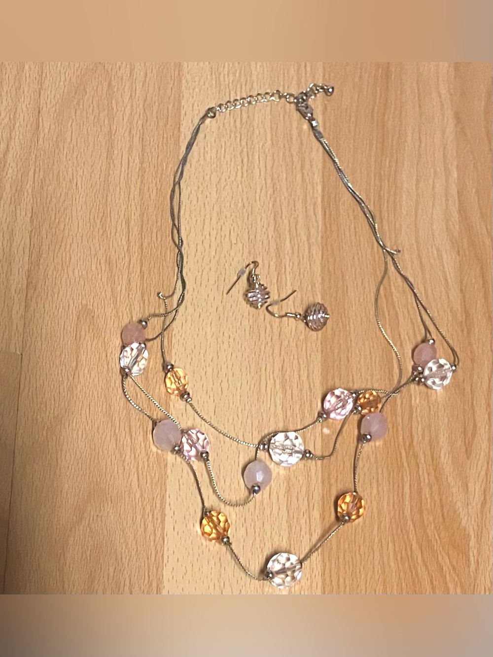 Multi-Strand Blush, White, and Gold Beaded Necklace with Matching Earrings